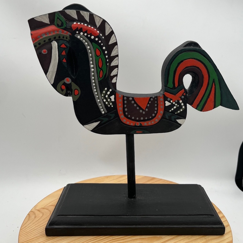 Painted Wooden Horse Folk Art Figurine on Black Pedestal Stand Pier 1